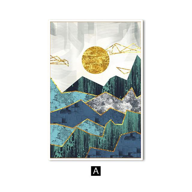 Golden Sun And Mountains Geometric Canvas