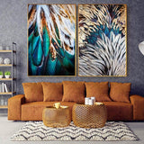 Luxury Gold Green Pink Feathers Canvas