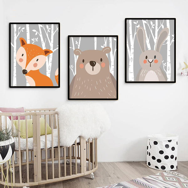 Rabbit Fox & Bear Cartoon Canvas